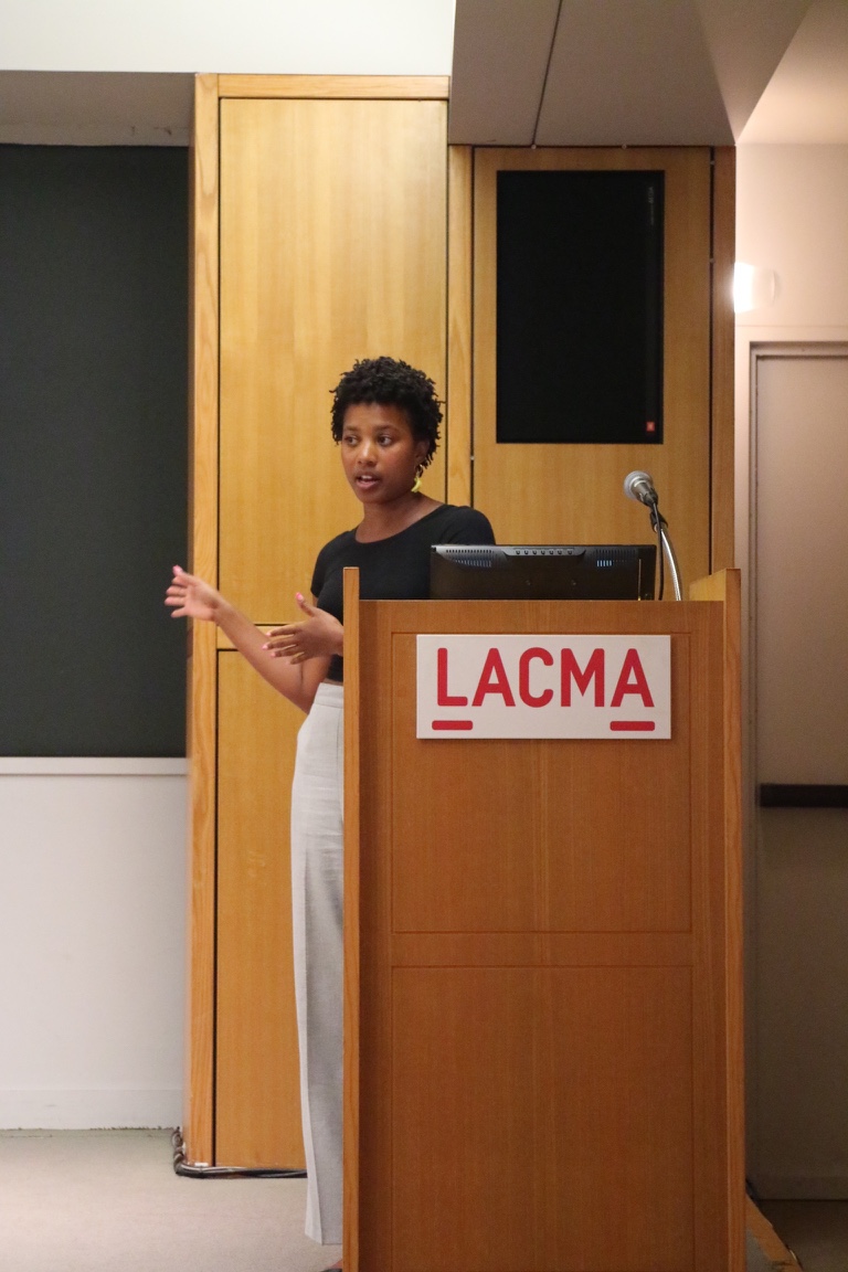 Food Oasis team member Raven Hardison speaks at LACMA